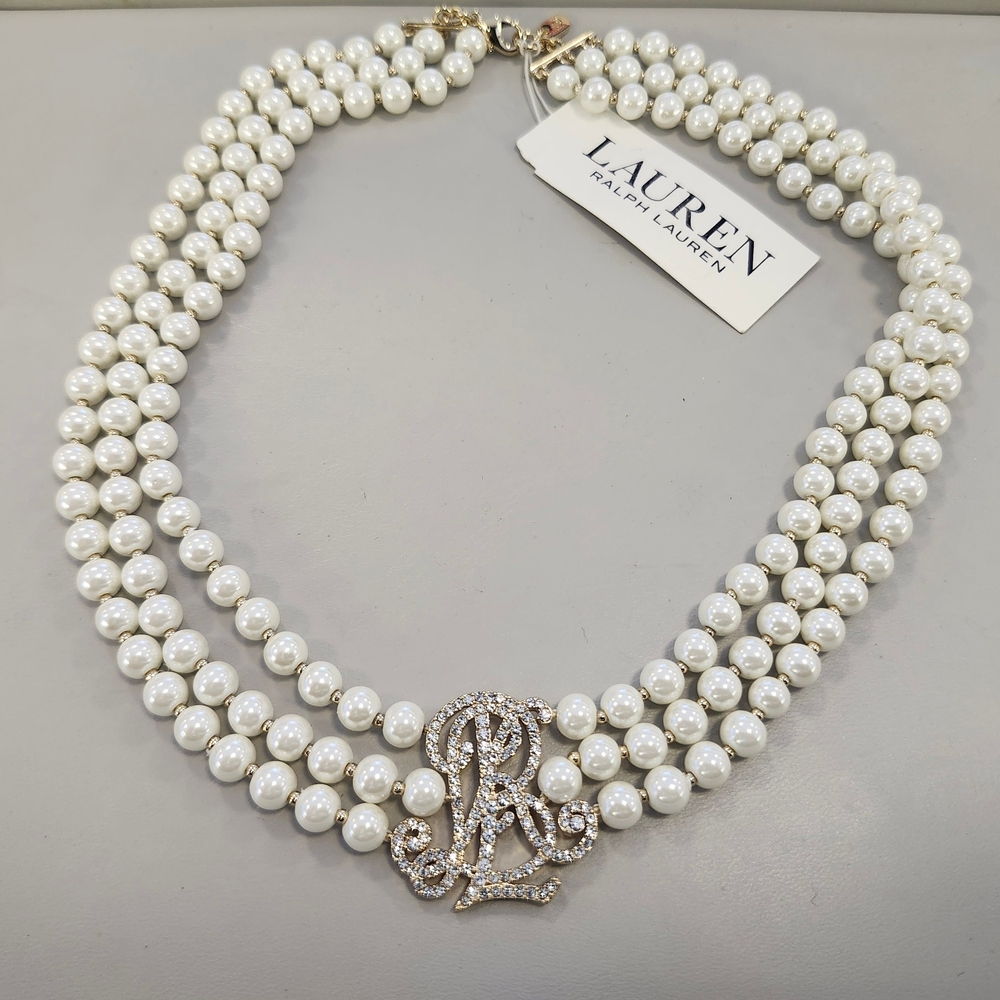 NWT Ralph Lauren Gold-Tone Imitation Pearl 3-Strand Logo Collar Necklace